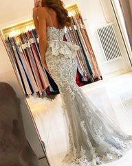 Long Mermaid Appliques Lace Sweetheart Tulle Prom Dresses