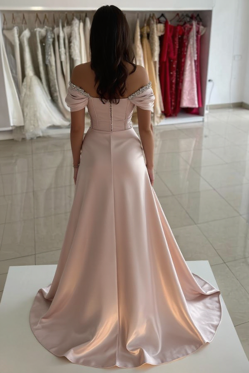 Long Mermaid Off the Shoulder Satin Formal Evening Dresses with Slit