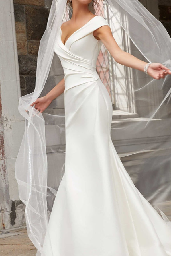 Long Mermaid Off the Shoulder Satin White Wedding Dresses