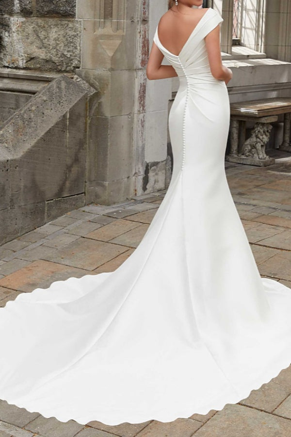 Long Mermaid Off the Shoulder Satin White Wedding Dresses