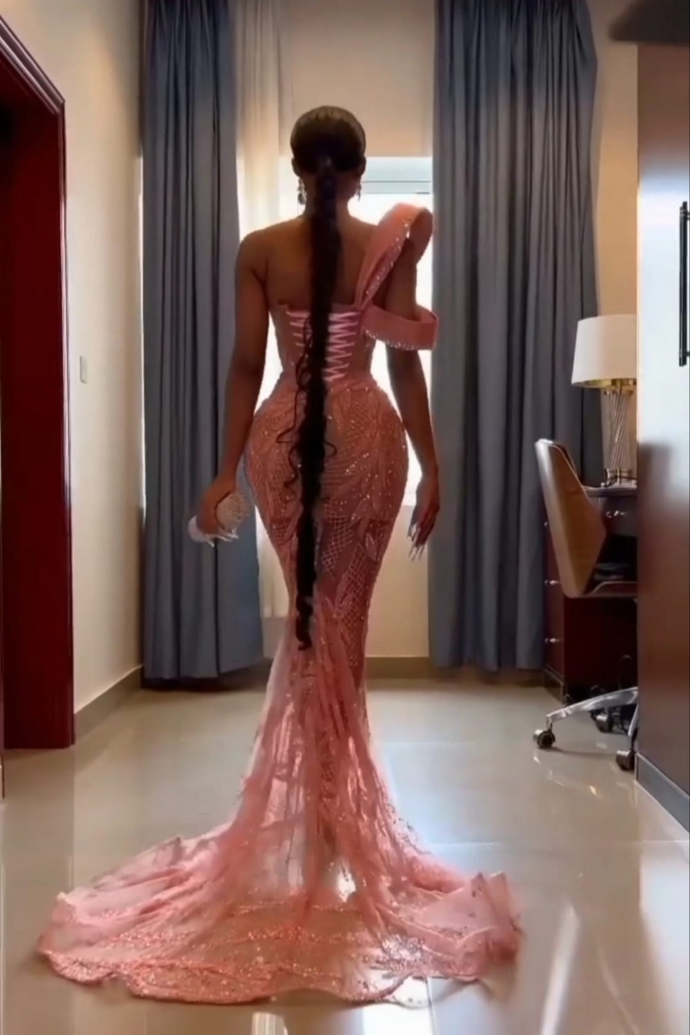 Long Mermaid One Shoulder Sequin Sparkle Lace Prom Dress