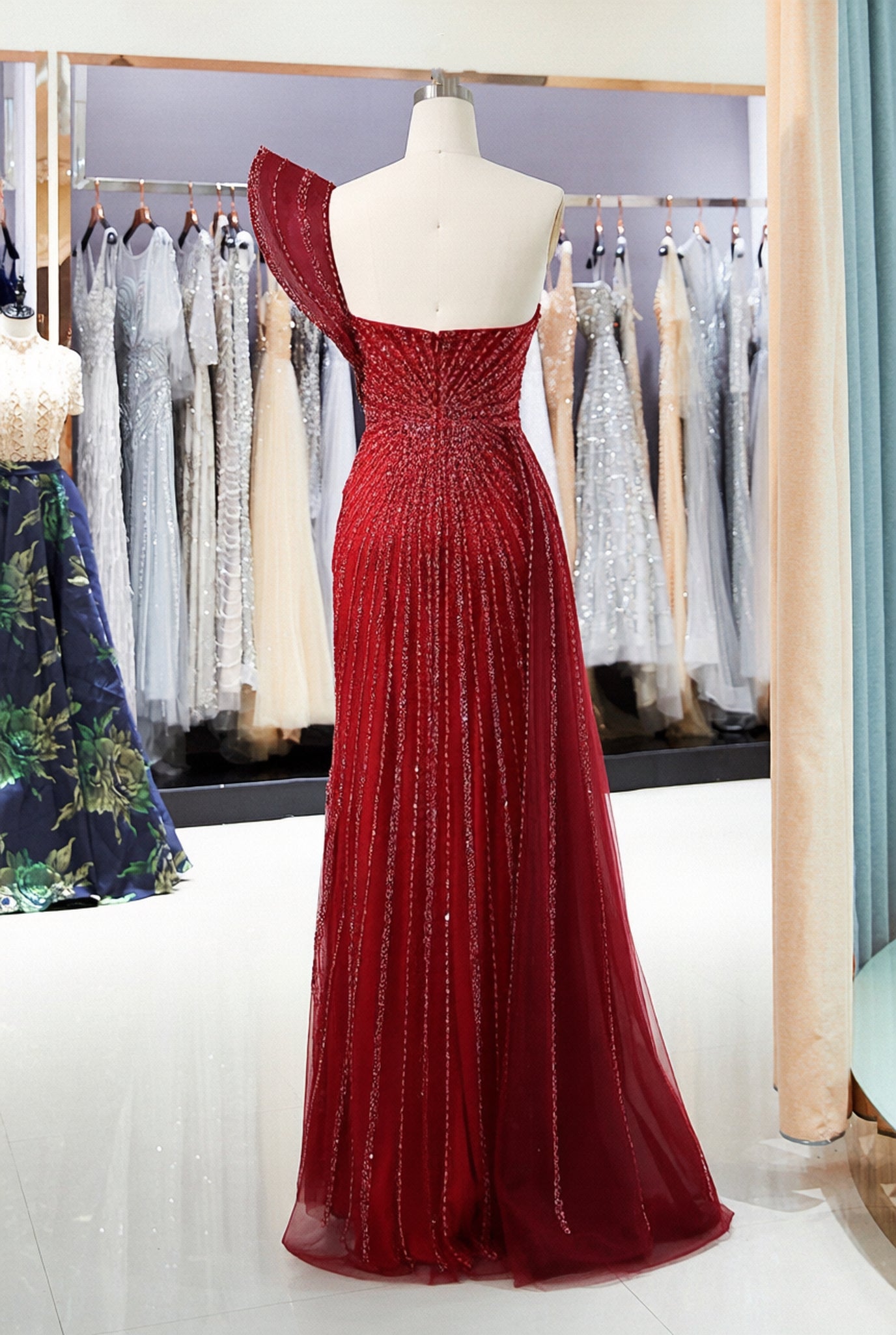 Long Mermaid One Shoulder Sweetheart Sequined Formal Evening Dress with High Split