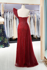 Long Mermaid One Shoulder Sweetheart Sequined Formal Evening Dress with High Split