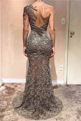 Long Mermaid One Shoulder Tulle Lace Formal Prom Dress with Slit