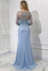 Long Scoop Floor Length Sequined Chiffon Mermaid Formal Prom Dresses with Sleeves