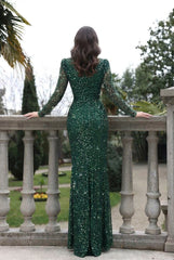 Long Mermaid Sweetheart Sequined Front Slit Formal Prom Dresses with Sleeves