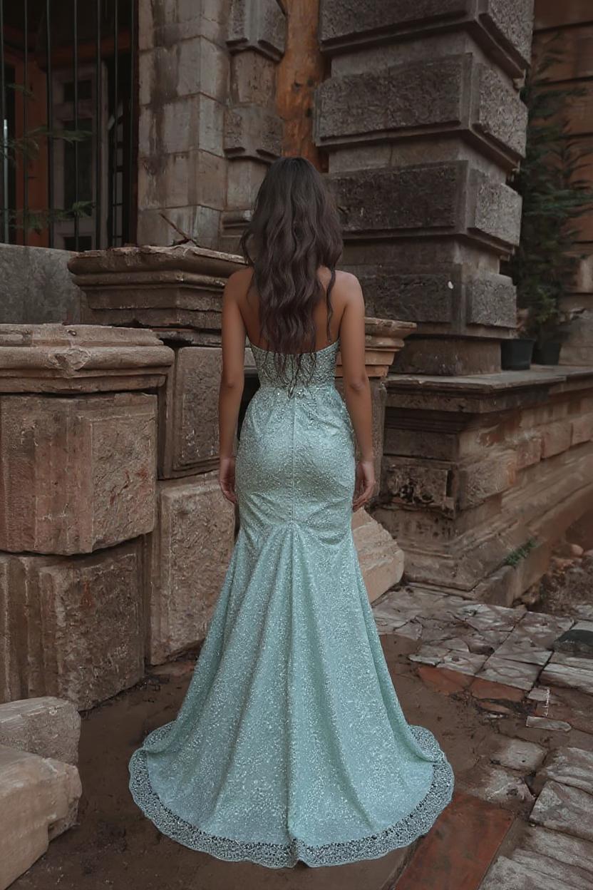 Long Mermaid Sweetheart Sleeveless Beads Formal Prom Dresses with Slit