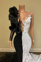 Long Mermaid V-neck One Shoulder Prom Dress with Sleeves