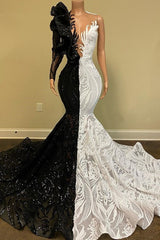 Long Mermaid V-neck One Shoulder Prom Dress with Sleeves