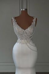 Long Mermaid V-neck Satin Lace White Prom Dresses