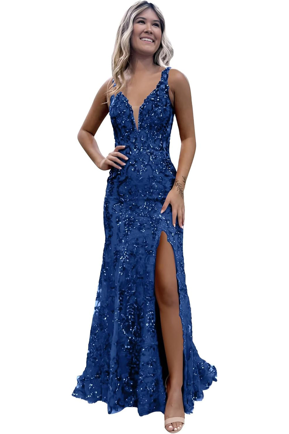 Burgundy V-neck Backless Sequin Mermaid Long Prom Dress with Slit