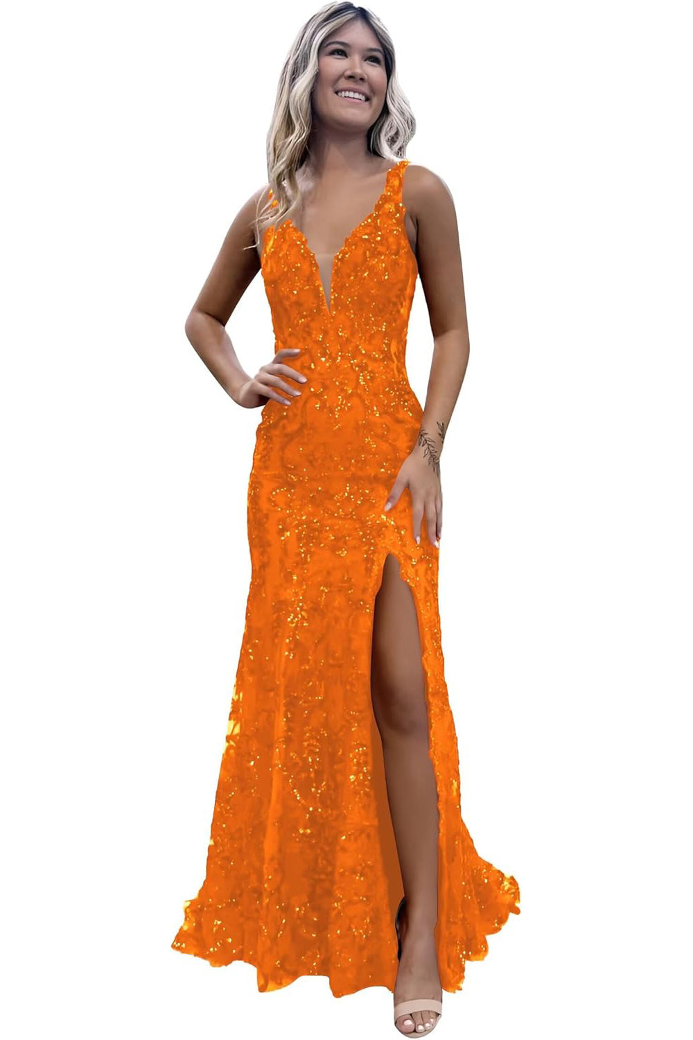 Burgundy V-neck Backless Sequin Mermaid Long Prom Dress with Slit