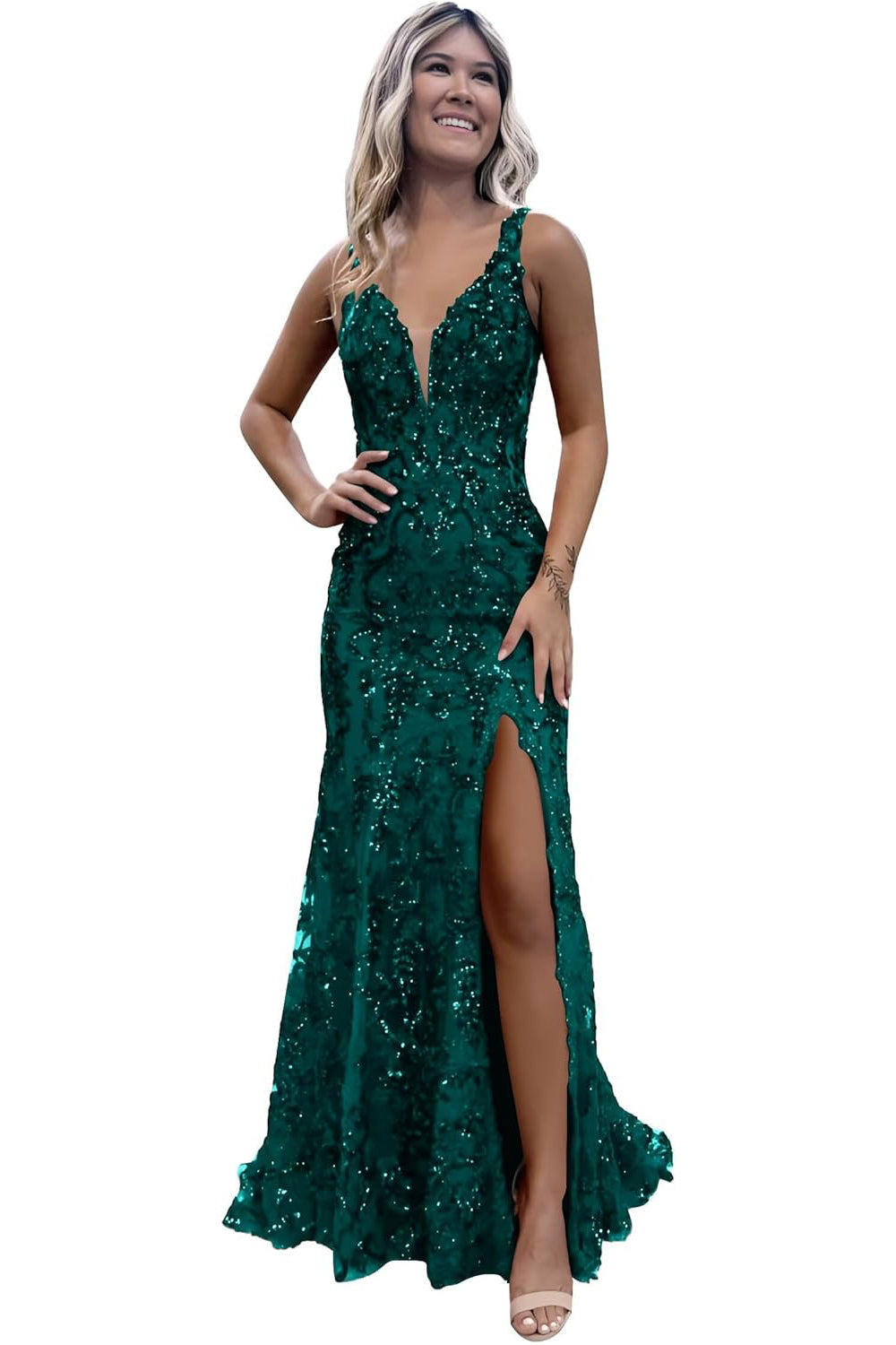 Burgundy V-neck Backless Sequin Mermaid Long Prom Dress with Slit