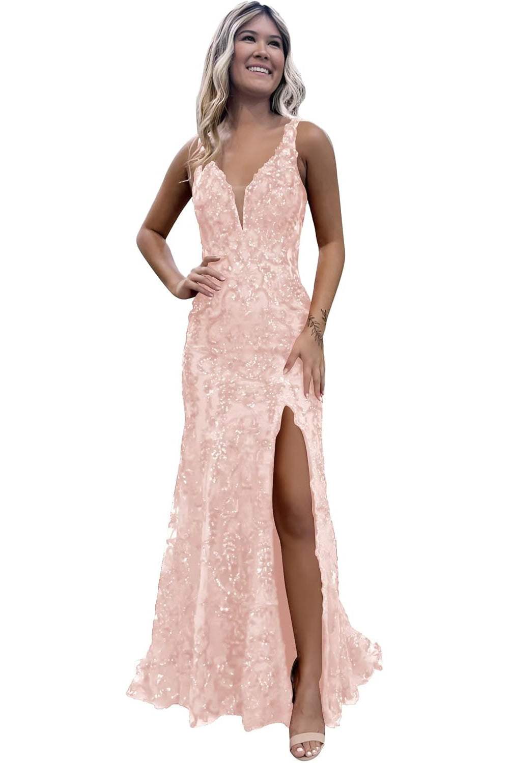 Burgundy V-neck Backless Sequin Mermaid Long Prom Dress with Slit