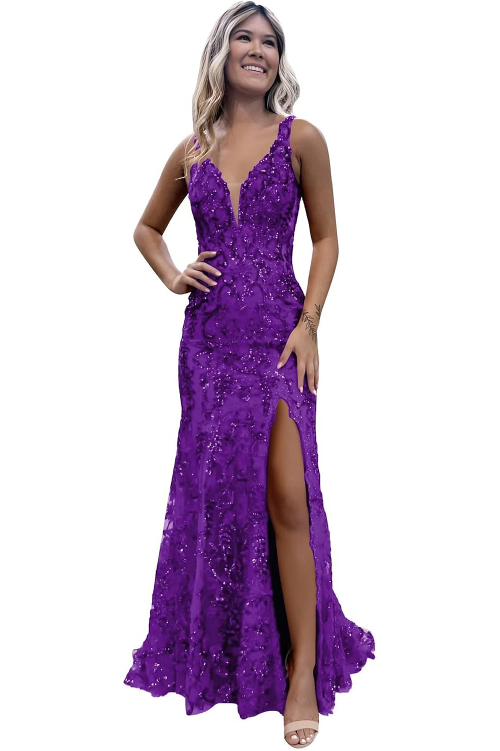 Burgundy V-neck Backless Sequin Mermaid Long Prom Dress with Slit