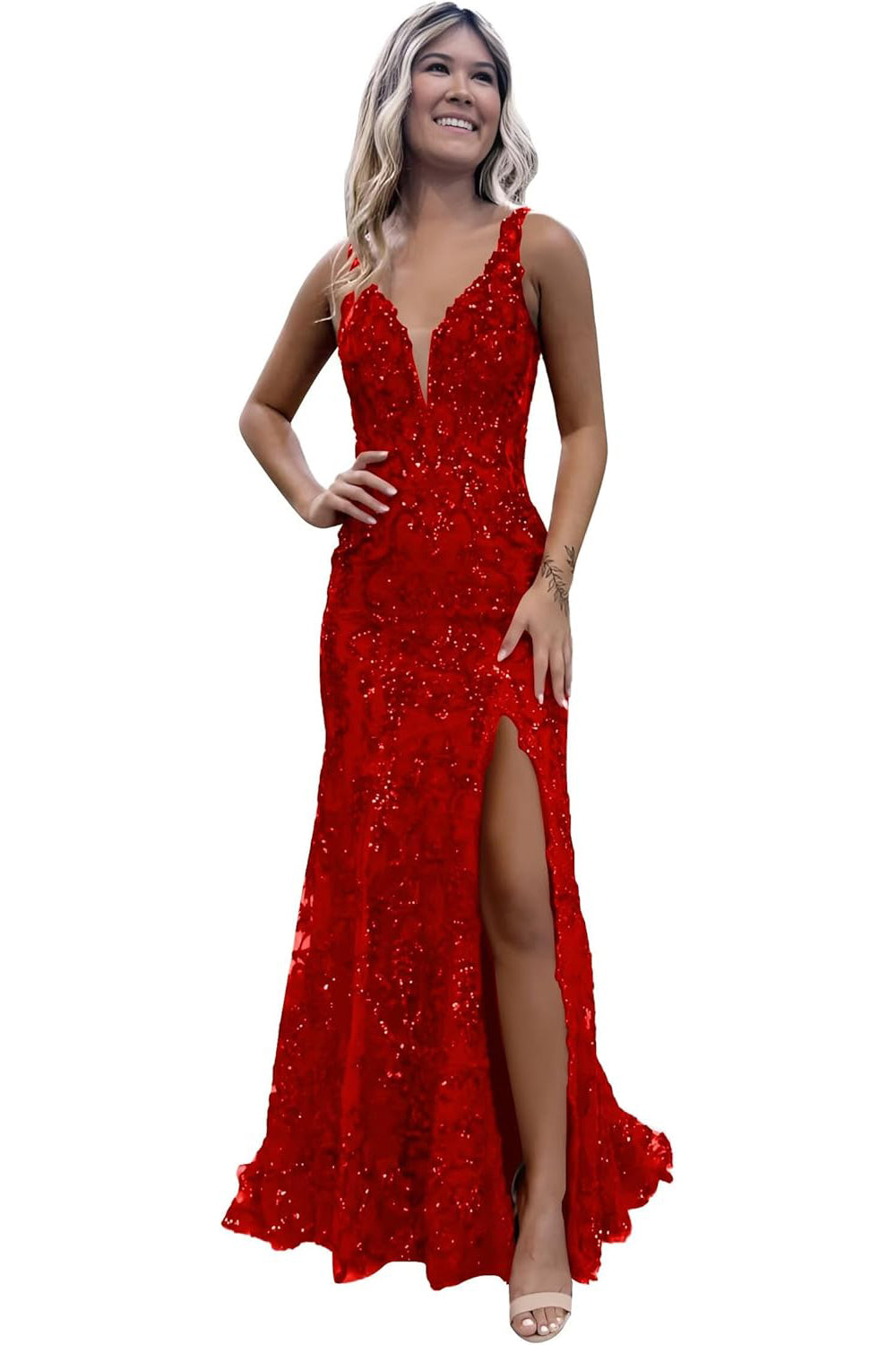 Burgundy V-neck Backless Sequin Mermaid Long Prom Dress with Slit