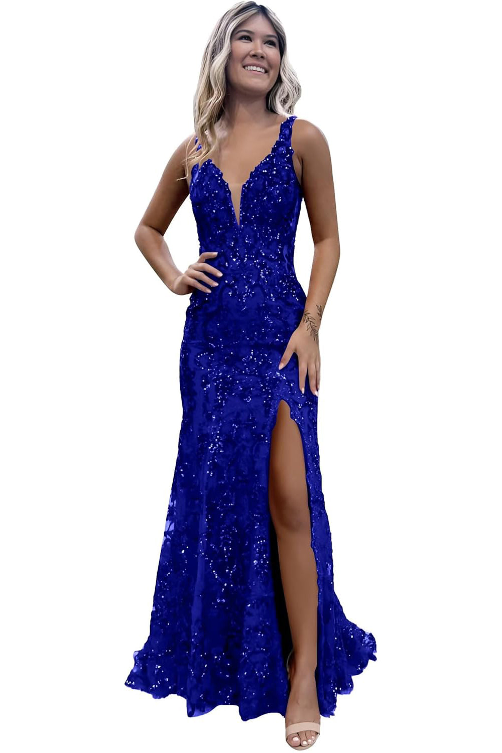 Burgundy V-neck Backless Sequin Mermaid Long Prom Dress with Slit