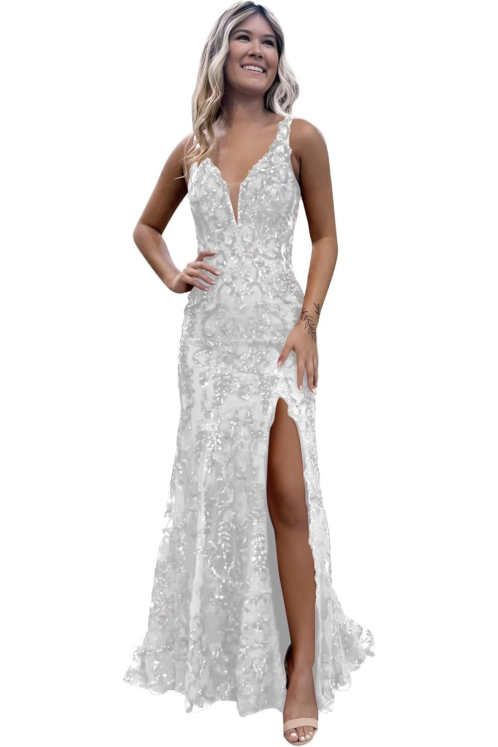 Burgundy V-neck Backless Sequin Mermaid Long Prom Dress with Slit
