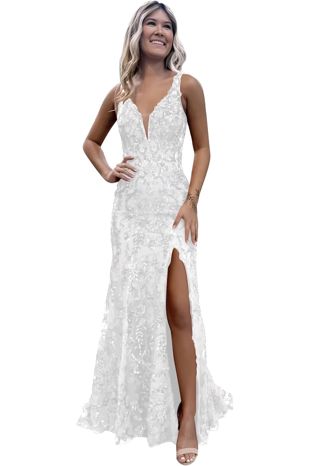 Burgundy V-neck Backless Sequin Mermaid Long Prom Dress with Slit
