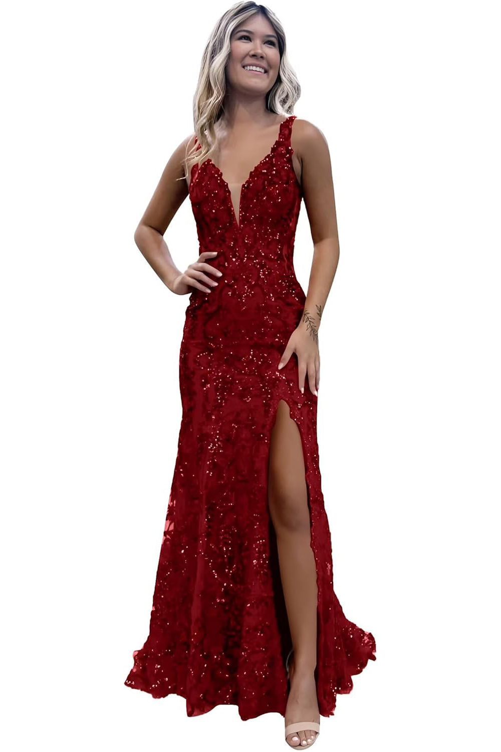 Burgundy V-neck Backless Sequin Mermaid Long Prom Dress with Slit