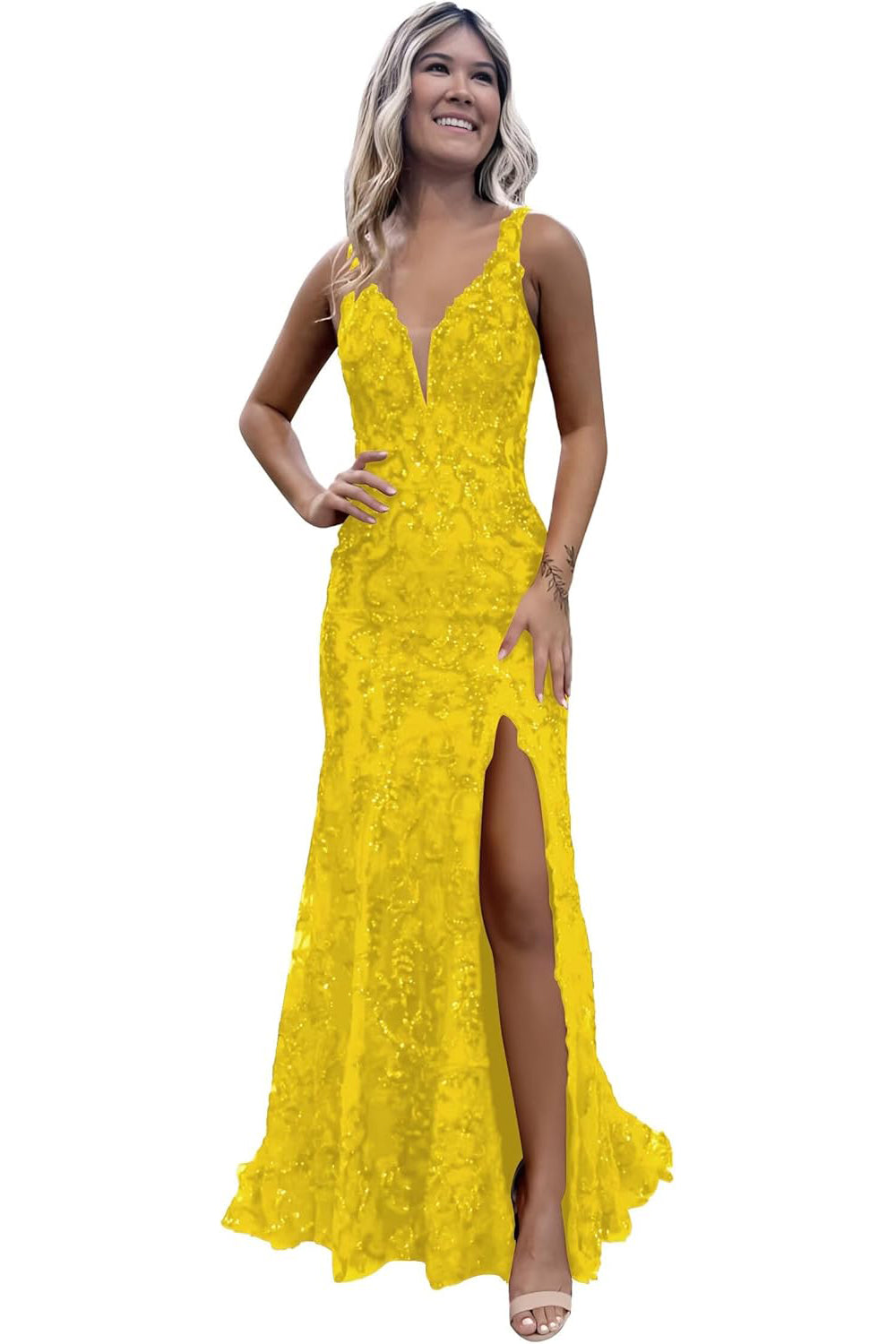 Burgundy V-neck Backless Sequin Mermaid Long Prom Dress with Slit