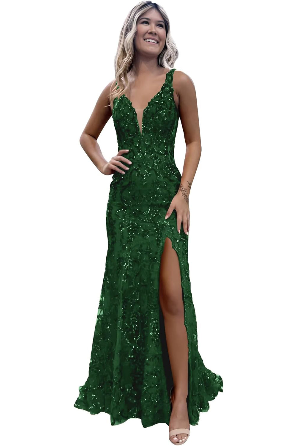 Burgundy V-neck Backless Sequin Mermaid Long Prom Dress with Slit