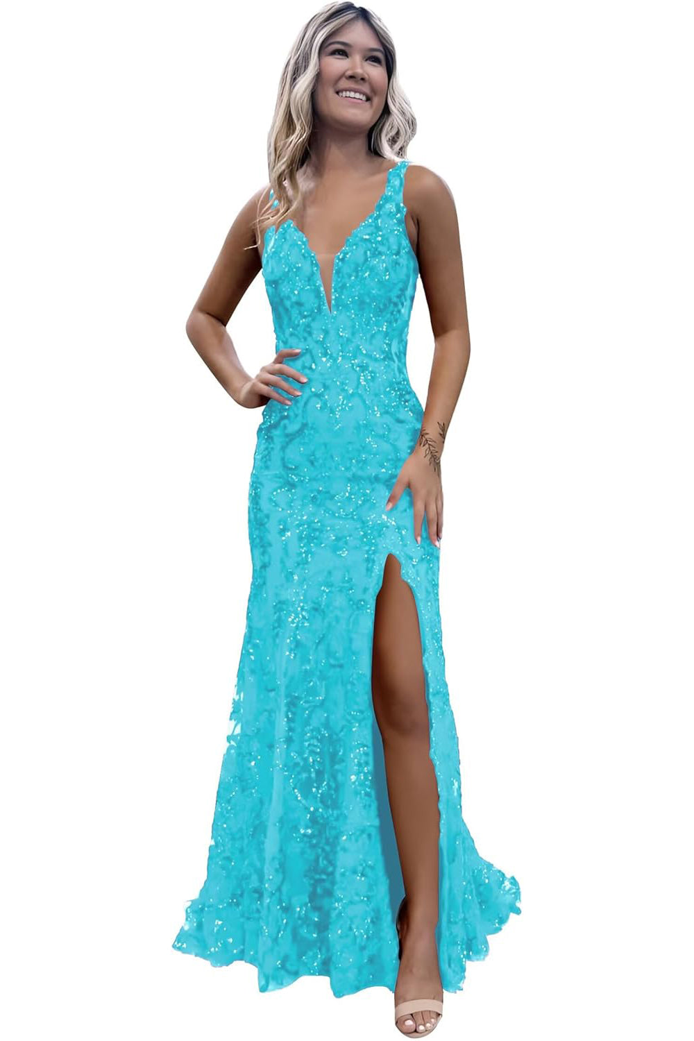 Burgundy V-neck Backless Sequin Mermaid Long Prom Dress with Slit