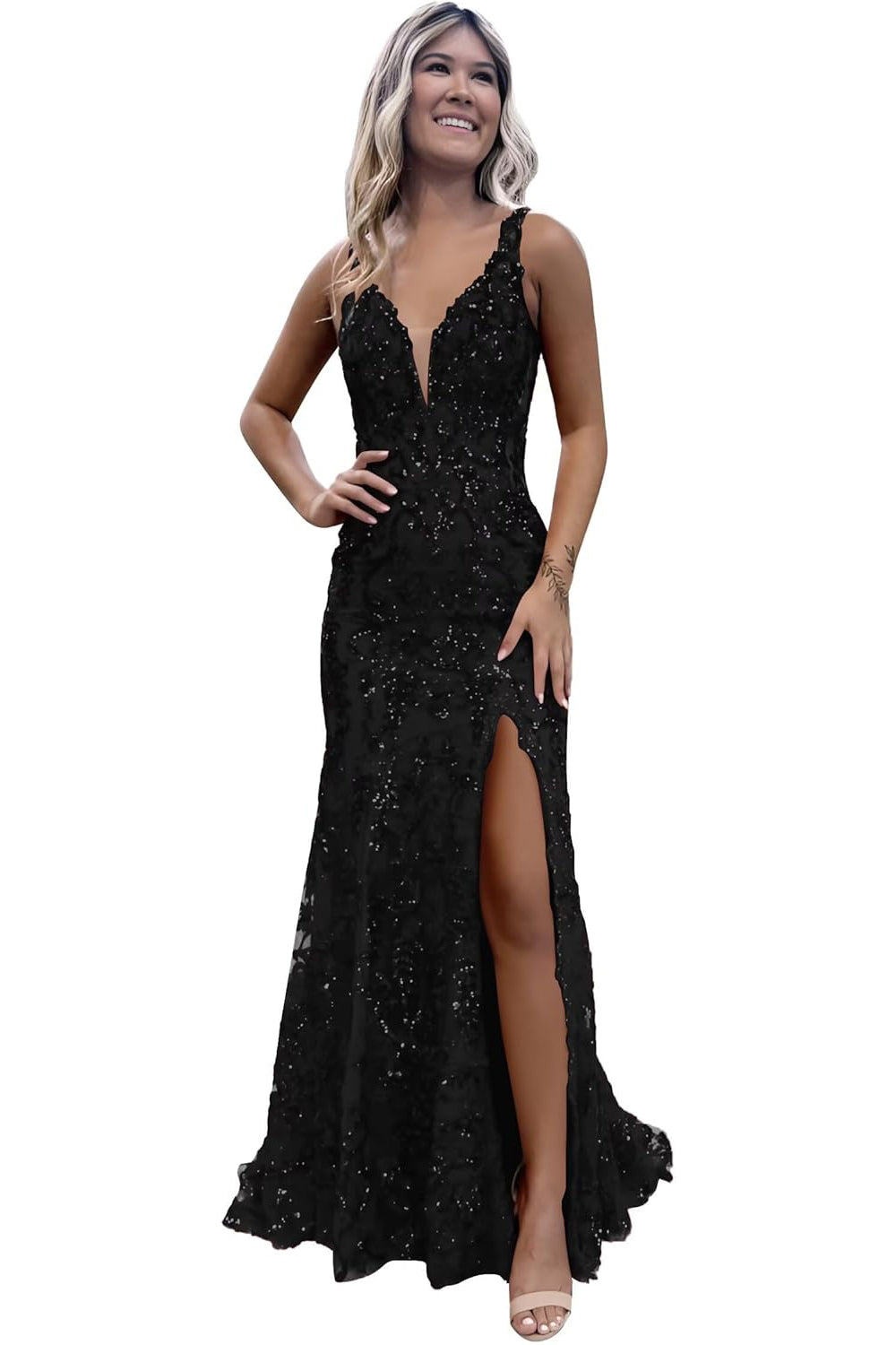 Burgundy V-neck Backless Sequin Mermaid Long Prom Dress with Slit
