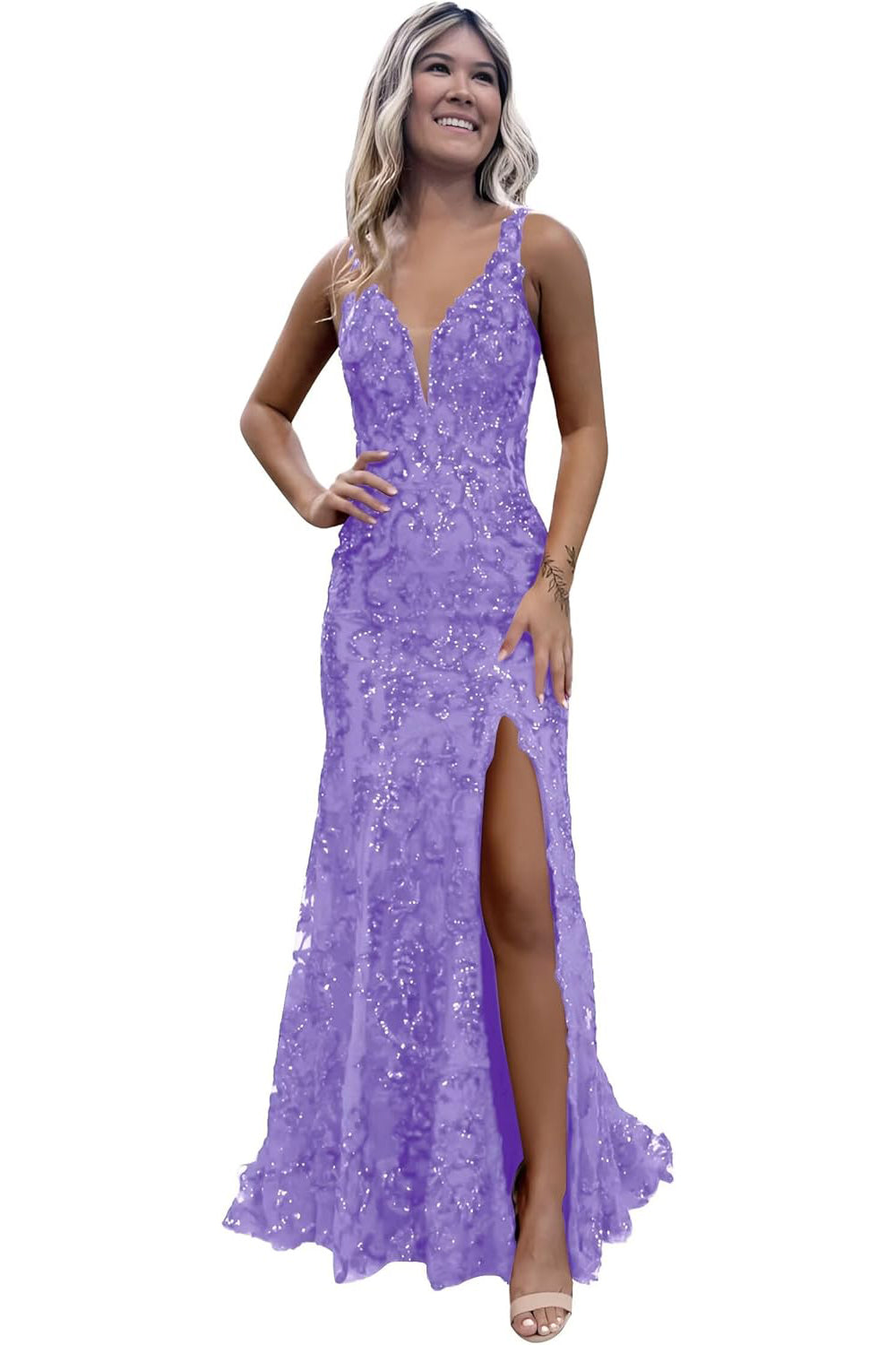 Burgundy V-neck Backless Sequin Mermaid Long Prom Dress with Slit