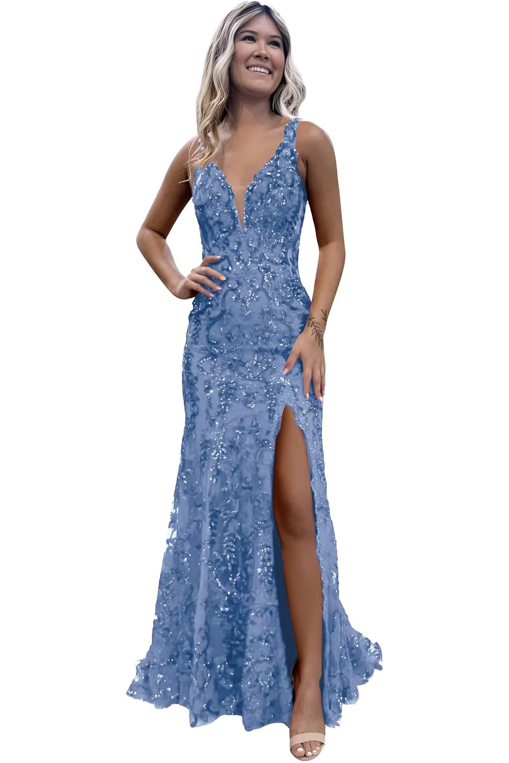 Burgundy V-neck Backless Sequin Mermaid Long Prom Dress with Slit