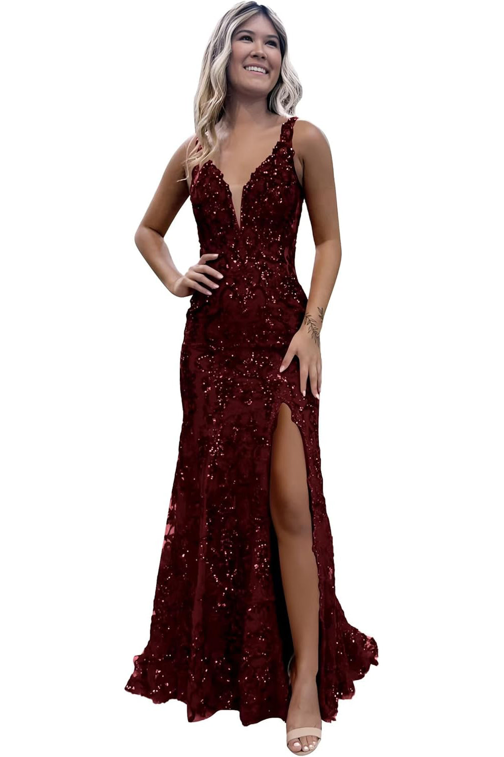 Burgundy V-neck Backless Sequin Mermaid Long Prom Dress with Slit