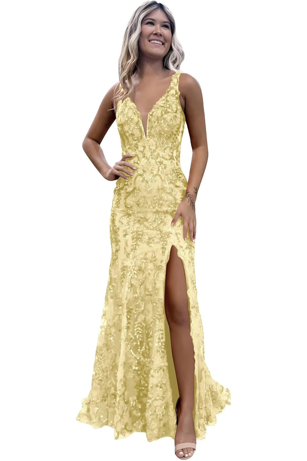 Burgundy V-neck Backless Sequin Mermaid Long Prom Dress with Slit