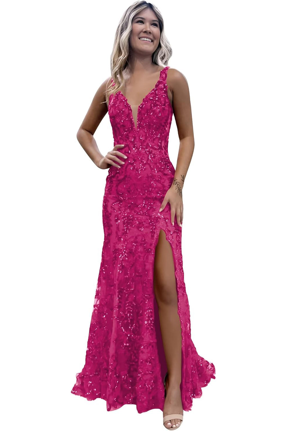 Burgundy V-neck Backless Sequin Mermaid Long Prom Dress with Slit