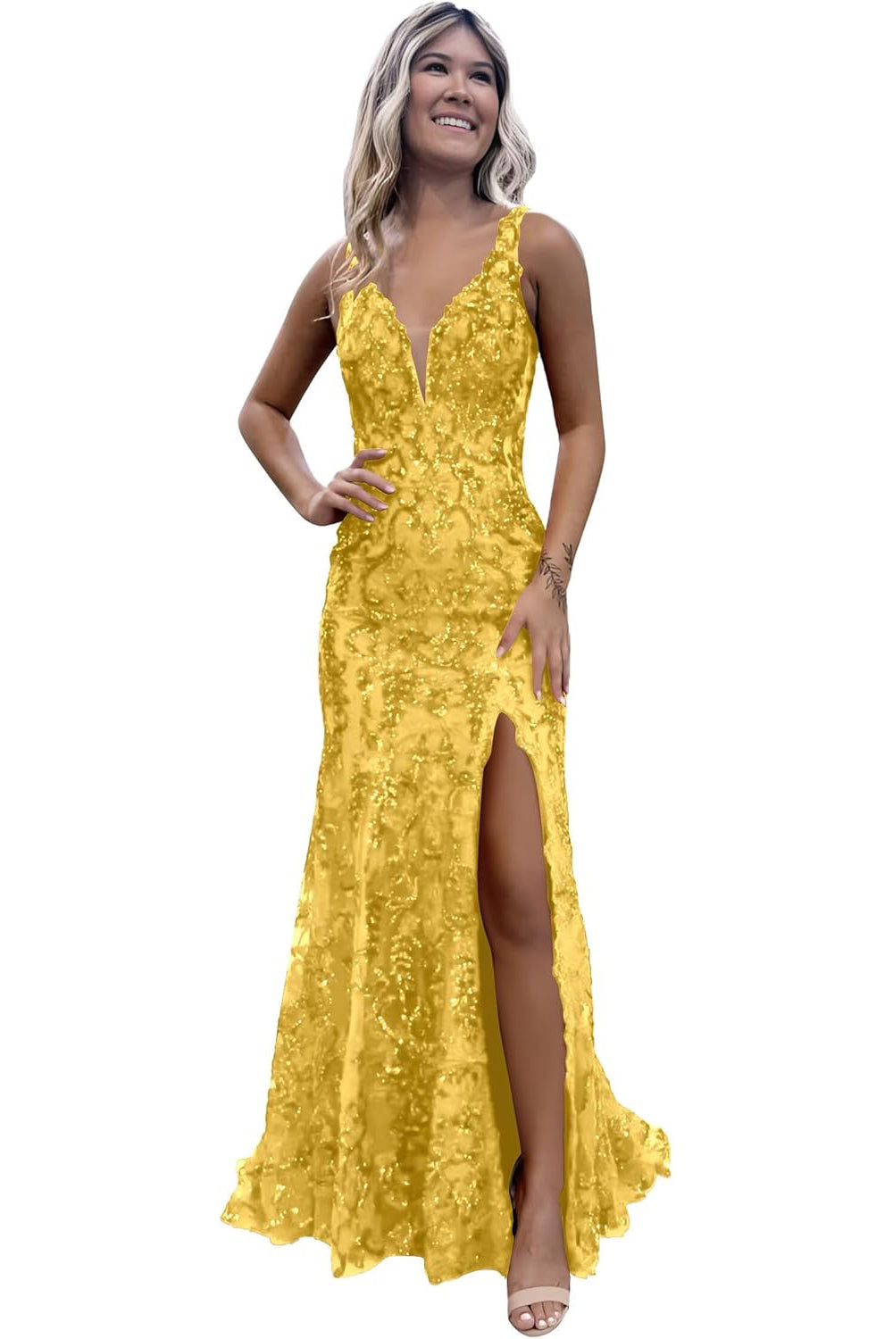 Burgundy V-neck Backless Sequin Mermaid Long Prom Dress with Slit