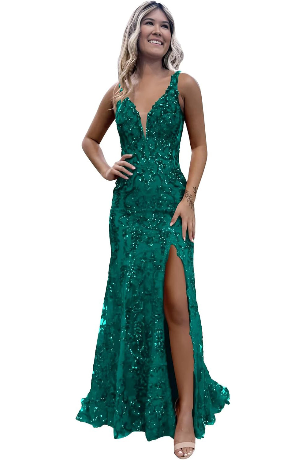 Burgundy V-neck Backless Sequin Mermaid Long Prom Dress with Slit