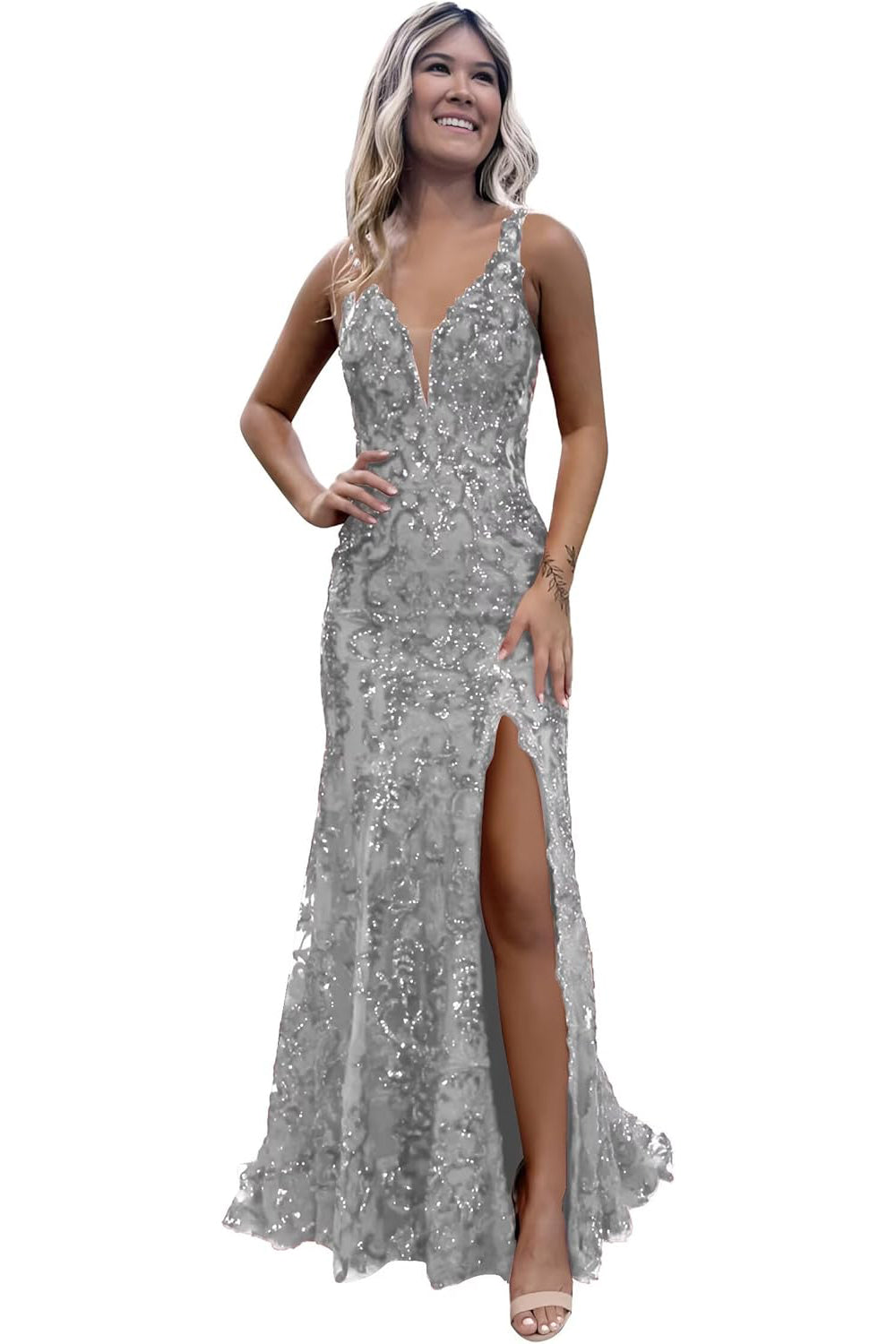 Burgundy V-neck Backless Sequin Mermaid Long Prom Dress with Slit