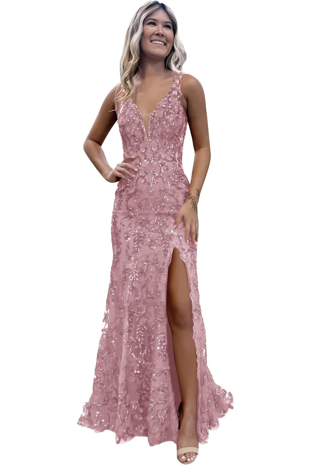 Burgundy V-neck Backless Sequin Mermaid Long Prom Dress with Slit