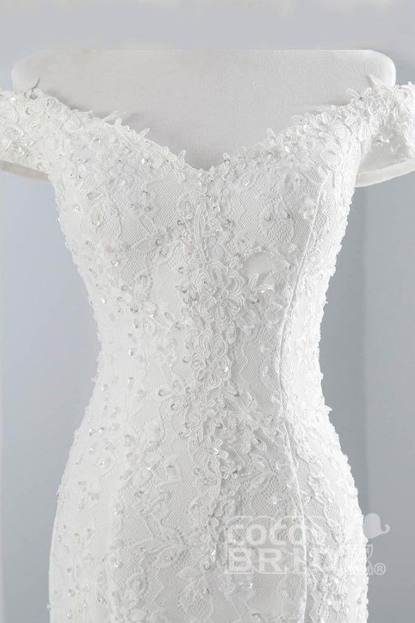 Long Off the Shoulder Beading Appliques Lace-up Mermaid Wedding Dresses
