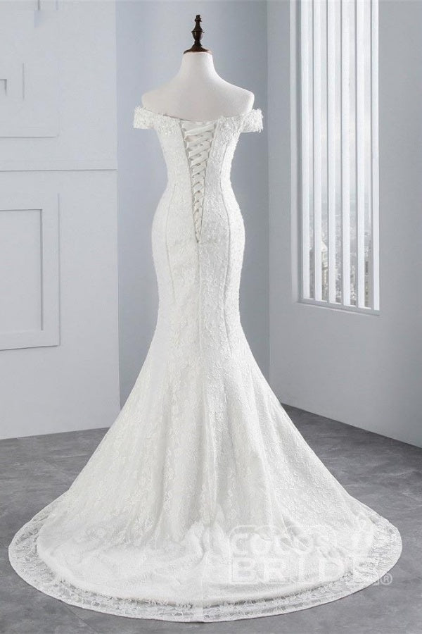 Long Off the Shoulder Beading Appliques Lace-up Mermaid Wedding Dresses
