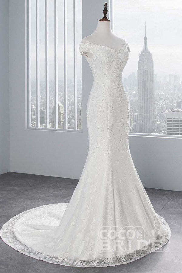 Long Off the Shoulder Beading Appliques Lace-up Mermaid Wedding Dresses