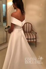 Long Off the Shoulder Covered Button A-line Satin Wedding Dresses
