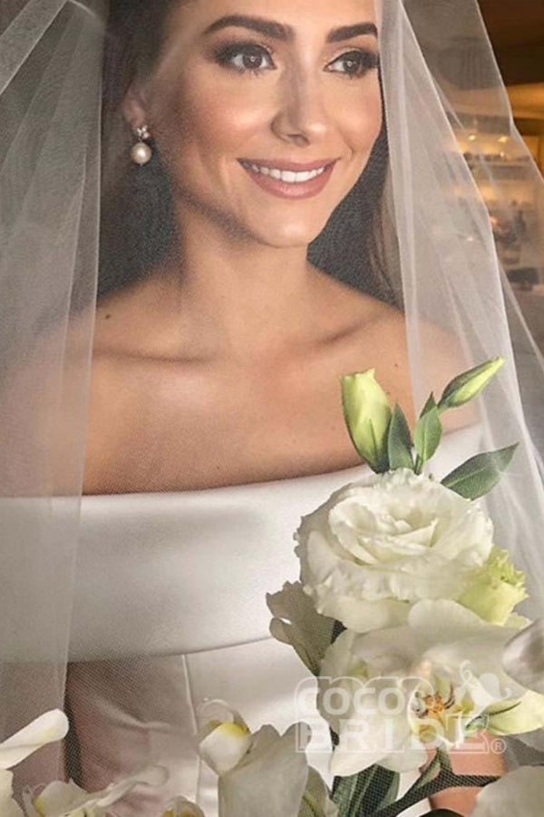 Long Off the Shoulder Covered Button A-line Satin Wedding Dresses