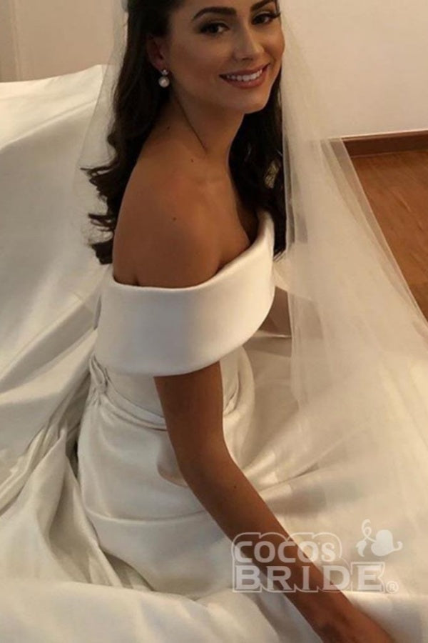 Long Off the Shoulder Covered Button A-line Satin Wedding Dresses
