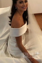 Long Off the Shoulder Covered Button A-line Satin Wedding Dresses