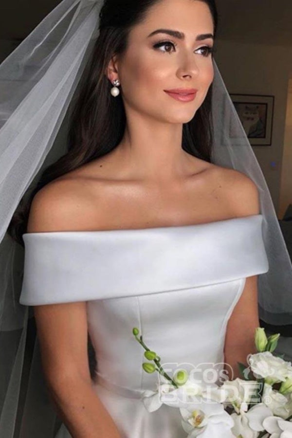 Long Off the Shoulder Covered Button A-line Satin Wedding Dresses