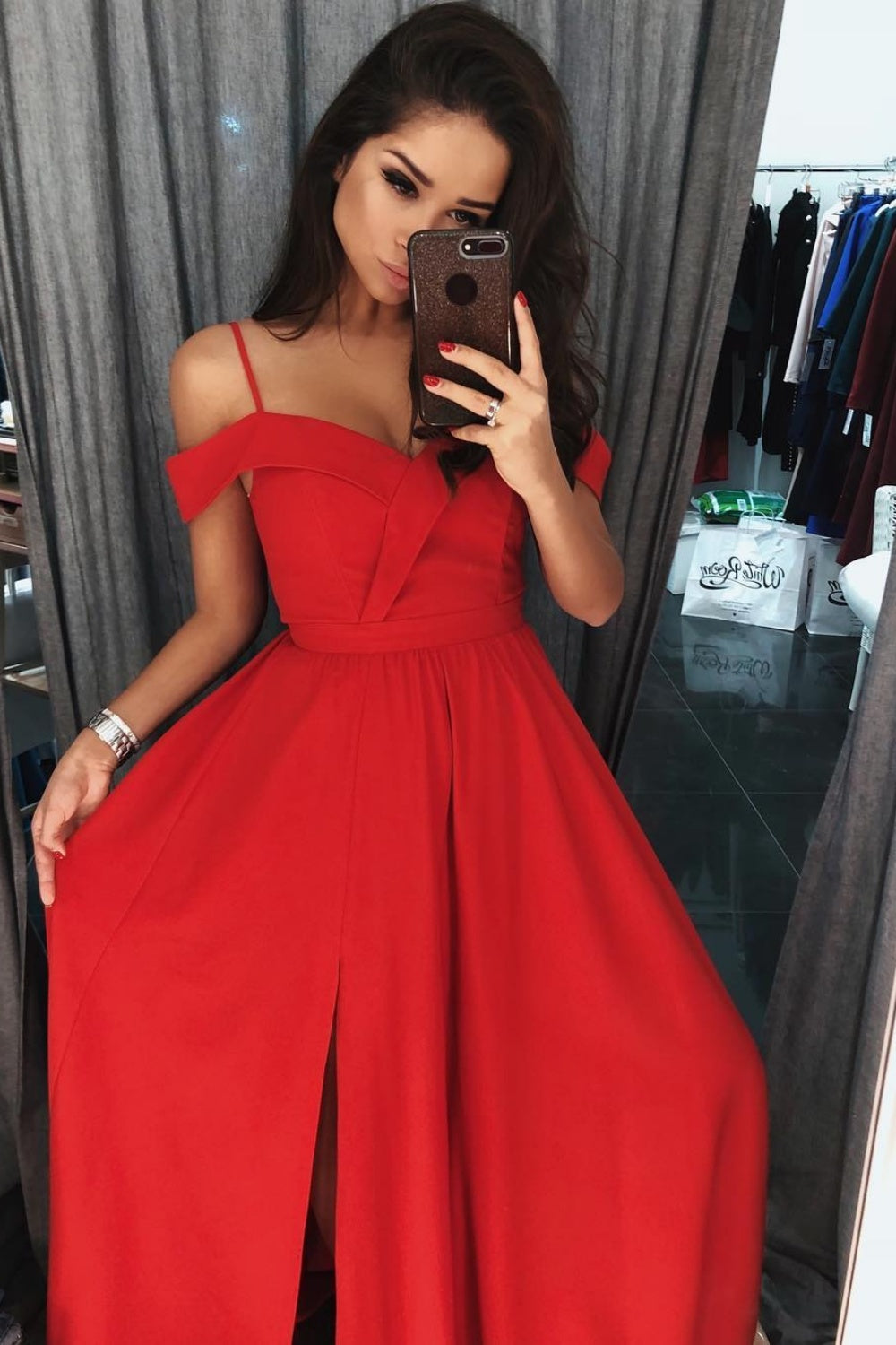 Long Off the Shoulder Spaghetti Straps A-Line Prom Dress With Side Slit
