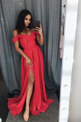 Long Off the Shoulder Spaghetti Straps A-Line Prom Dress With Side Slit