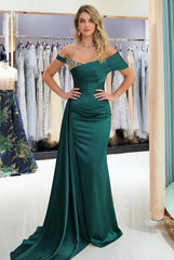 Long Off the Shoulder Appliques Lace Mermaid Satin Prom Dress