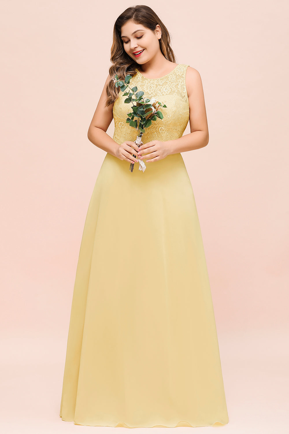 Plus Size Chiffon Jewel Daffodil Long Wedding Guest Dress with Lace