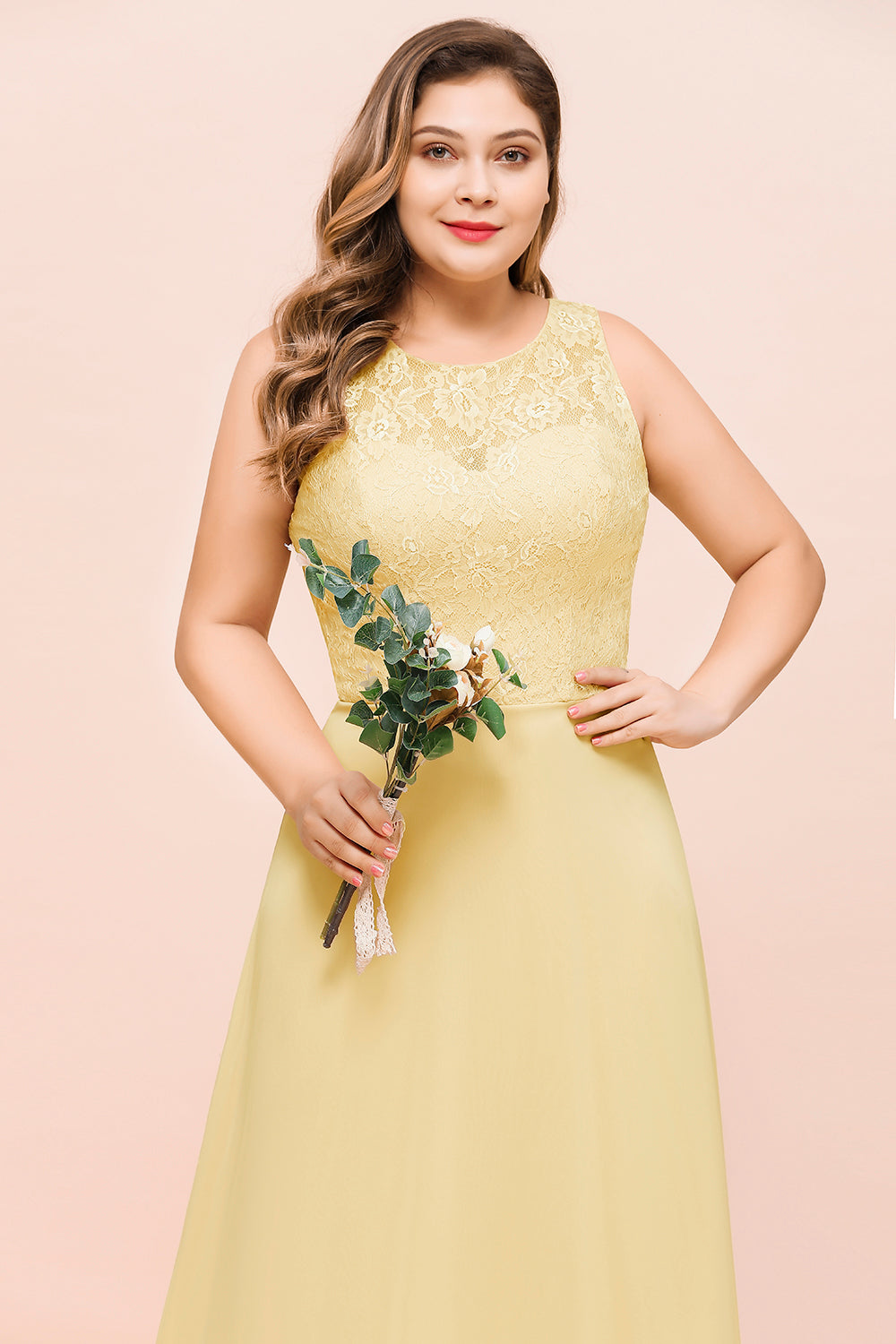 Plus Size Chiffon Jewel Daffodil Long Wedding Guest Dress with Lace